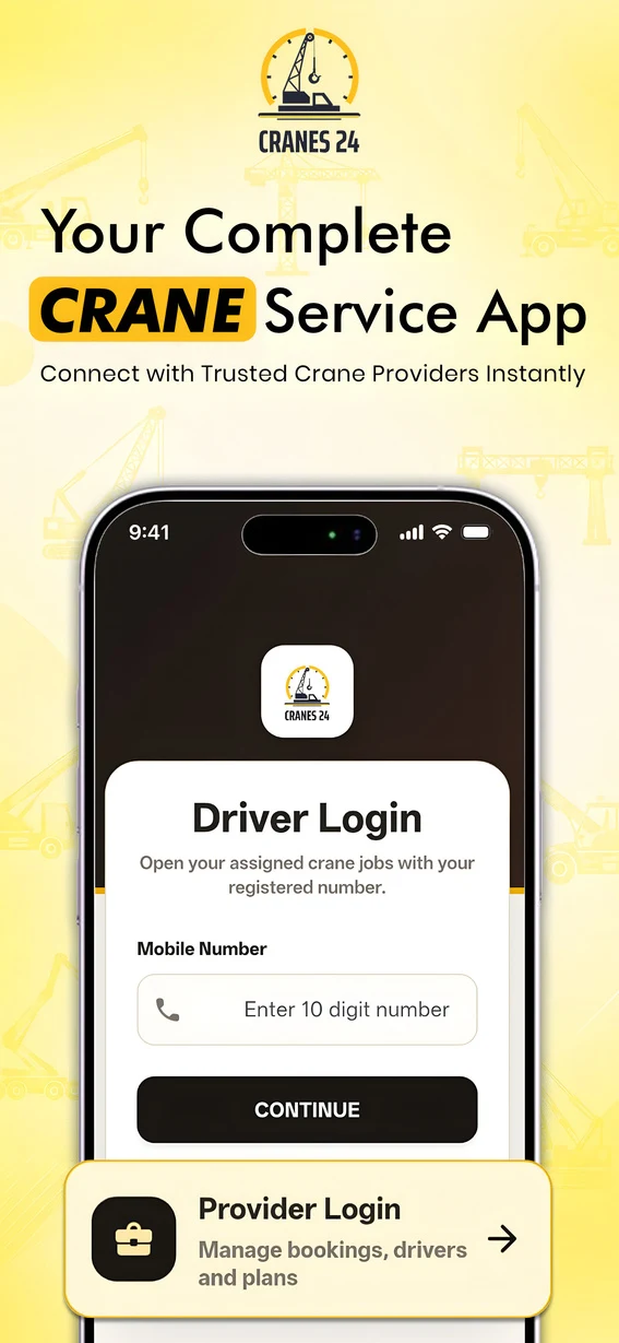 Cranes24 driver and provider authentication screen