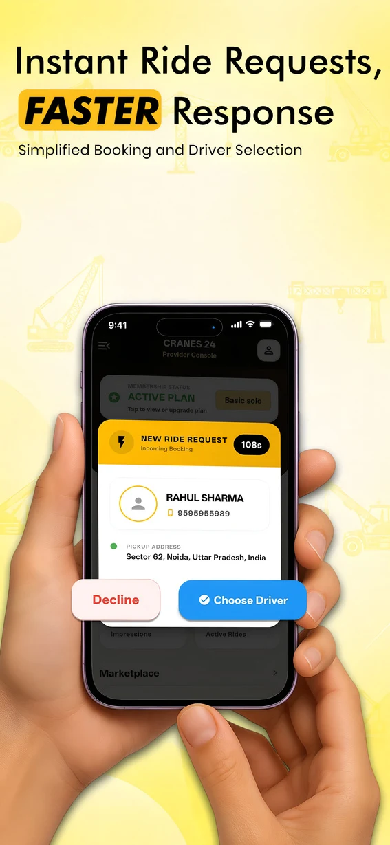 Cranes24 driver incoming job requests screen