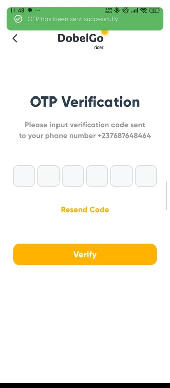 DobelGo OTP code verification screen