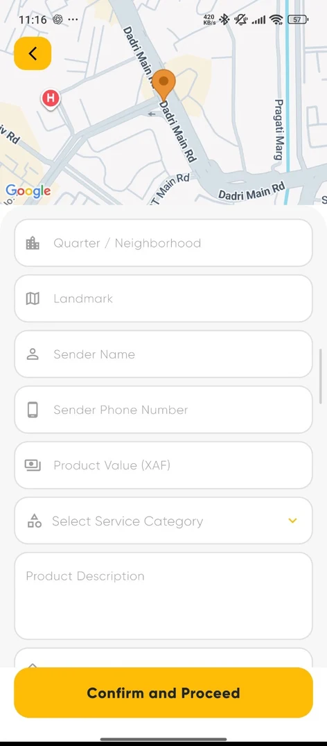 Pickup booking screen