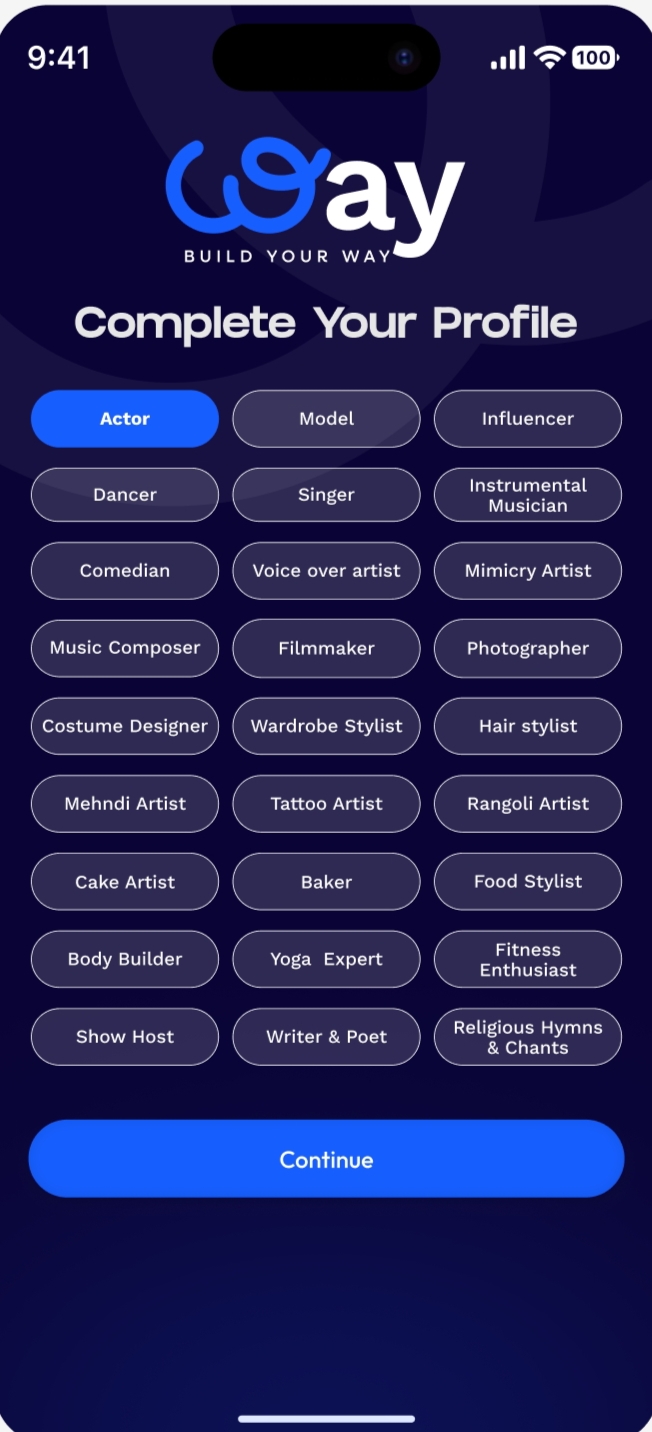 Way Talent Setup app screen